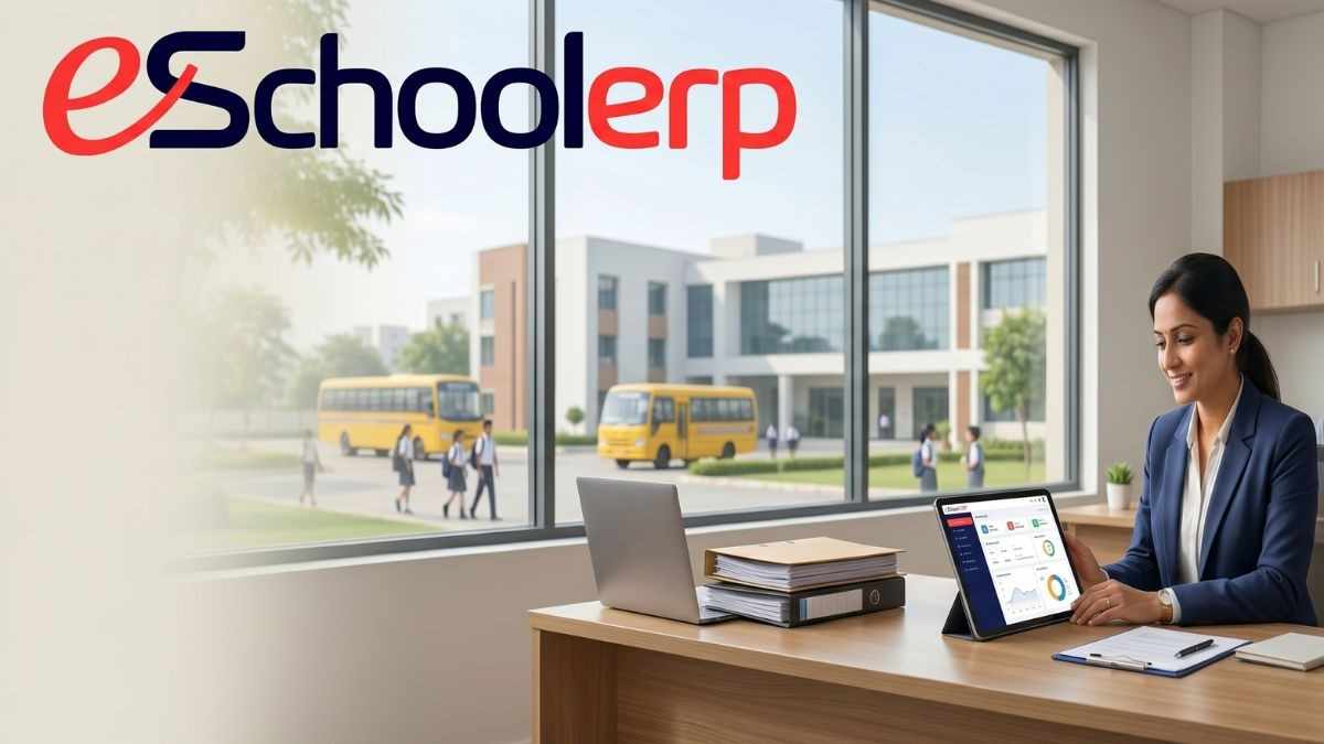 A professional school principal in Noida using eSchool ERP management system dashboard for administrative automation, automated fee collection, and real-time student safety tracking.
