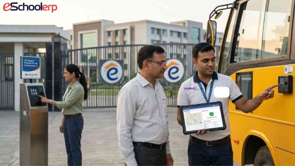 A realistic photograph at a school entrance gate, where an eSchool ERP engineer from image_0.png is providing hands-on GPS tracking and biometric compliance training on a bus to a driver and staff member, ensuring integrated security.