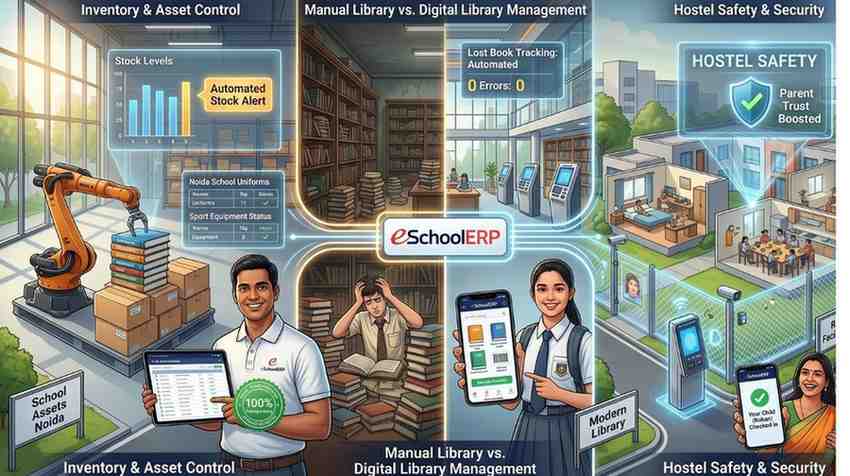 Comprehensive dashboard of eSchool ERP showing Inventory control, Digital Library automation, and Hostel Safety modules for schools in Noida.