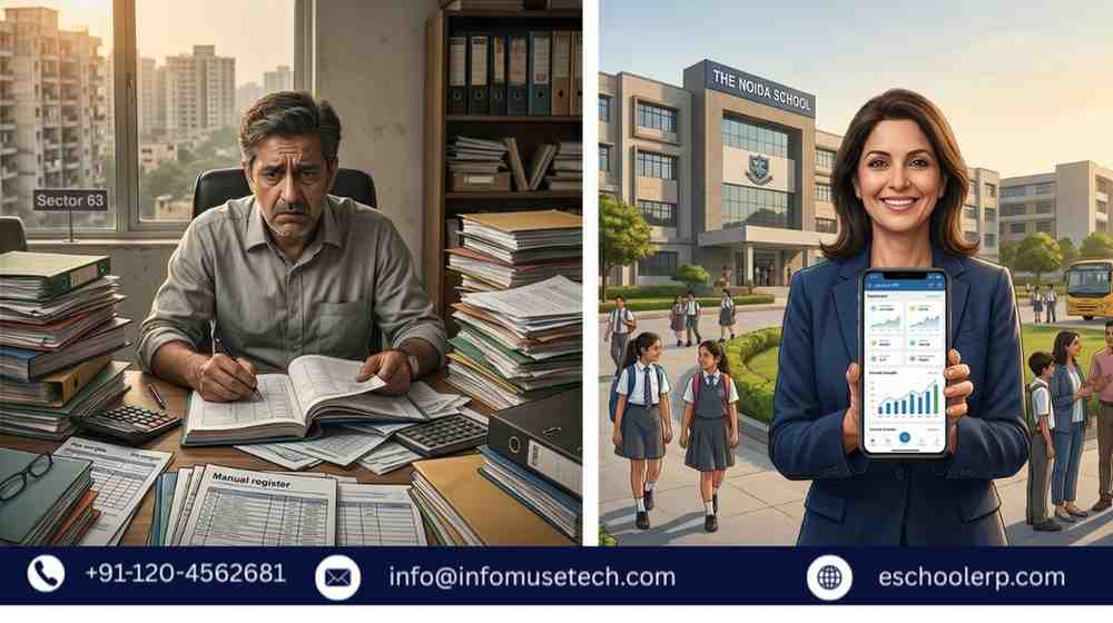 A modern Noida school campus with a happy administrator holding a smartphone showing the eSchool ERP dashboard with fee and attendance data.