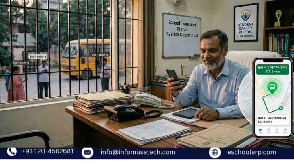 A relaxed Indian school administrator monitoring live bus tracking on a smartphone, showing the peace of mind provided by a secure school management system and online school fees payment portal.