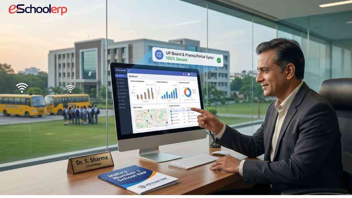 A visionary image of an Indian school chairman reviewing a real-time dashboard of India's Number 1 School ERP, reflecting operational control and success.