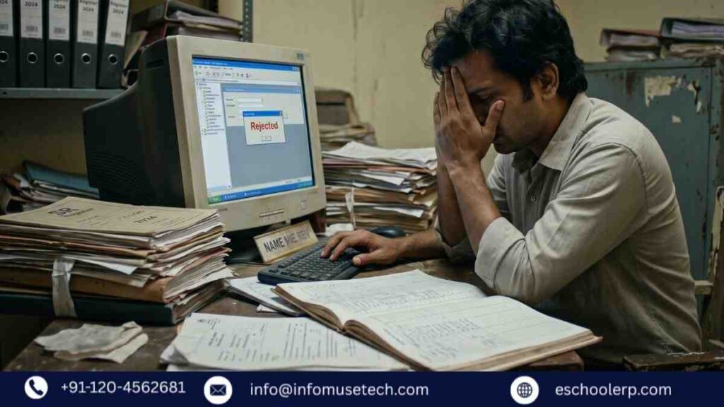 Frustrated school staff struggling with manual data entry on Prerna Portal.
