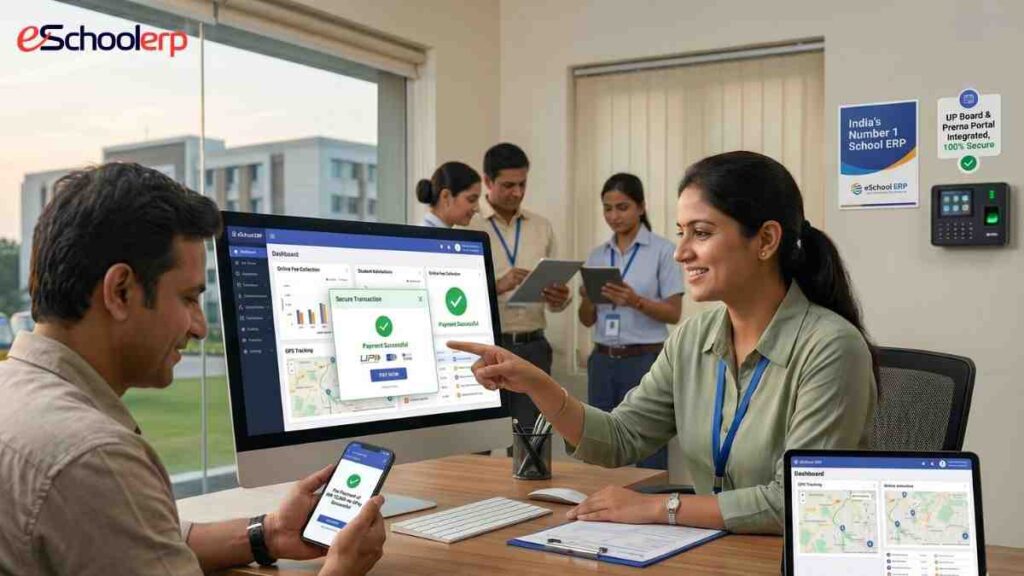 A screenshot of the eSchool ERP online school fee payment system dashboard, showing a secure transaction interface and parents easily making payments on mobile.
