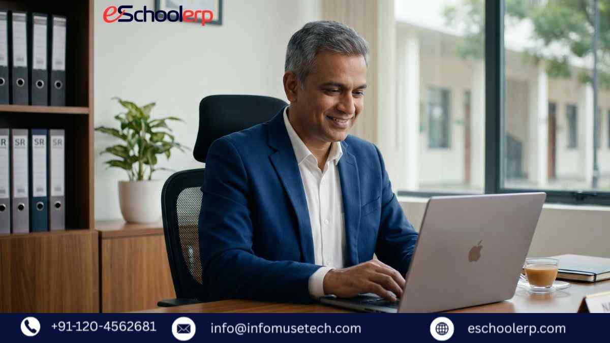 School principal using Prerna Portal integrated school software for automated data management.