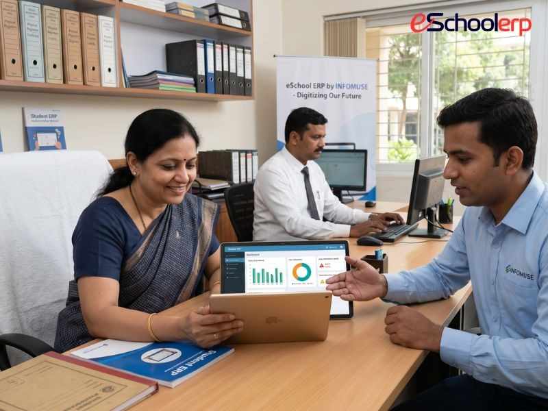 Realistic photograph of an Indian school principal analyzing student ERP dashboards for school growth.